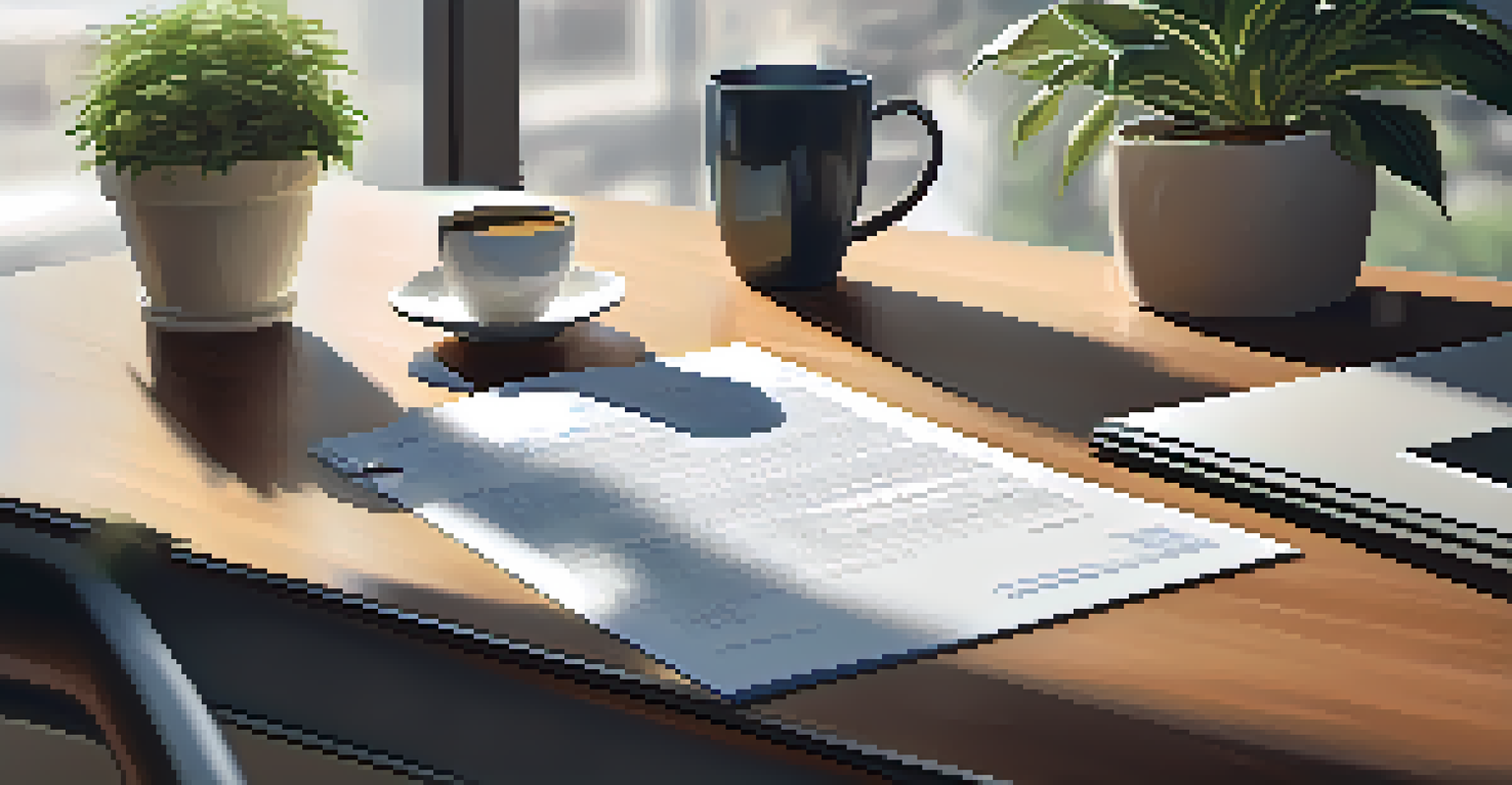 A real estate agent reviewing documents on a desk with a laptop and a cup of coffee.