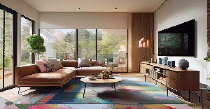 A contemporary living room showcasing smart home technology, including a thermostat, lighting, and a speaker, with a bright and inviting atmosphere.