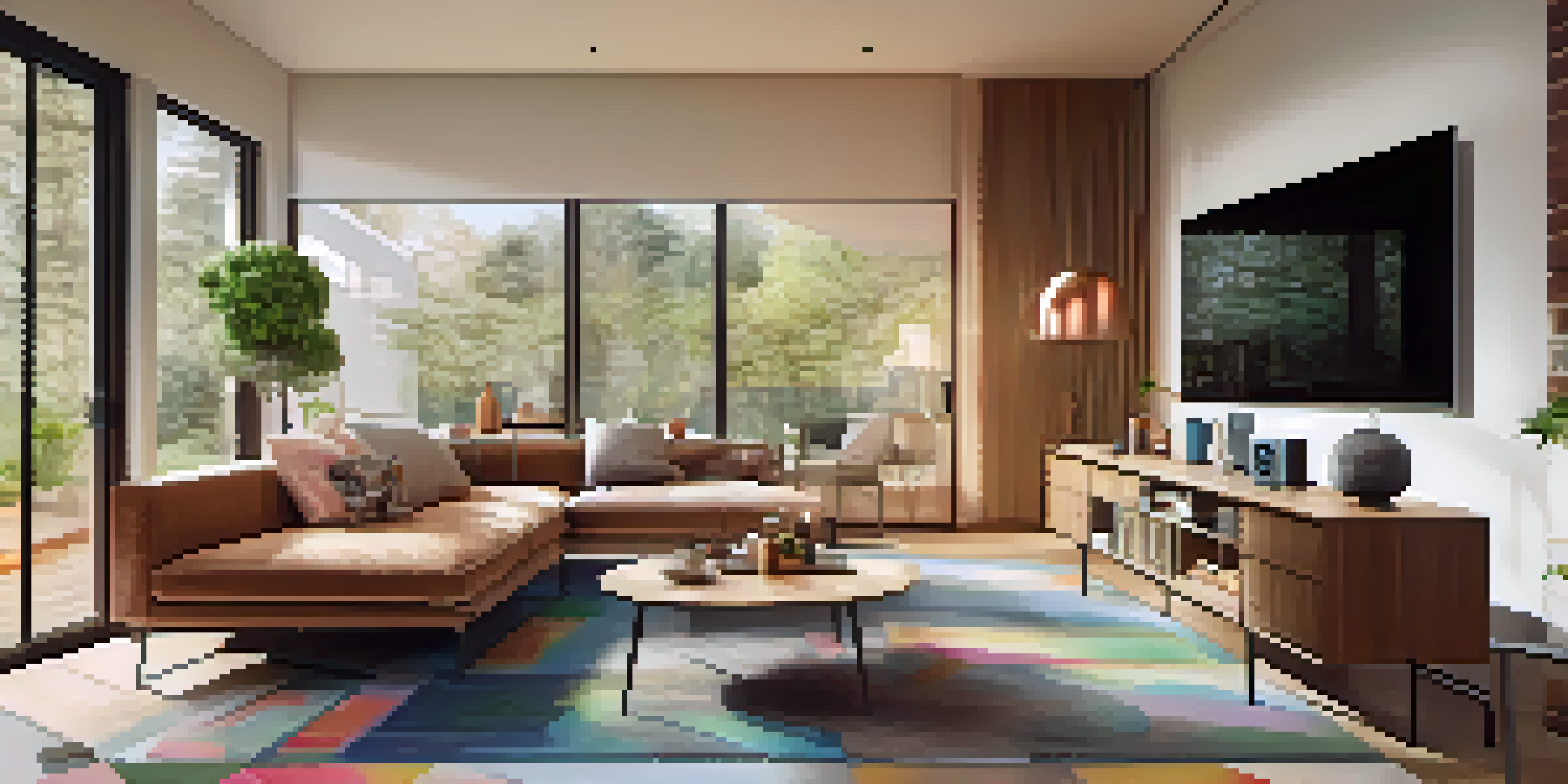 A contemporary living room showcasing smart home technology, including a thermostat, lighting, and a speaker, with a bright and inviting atmosphere.