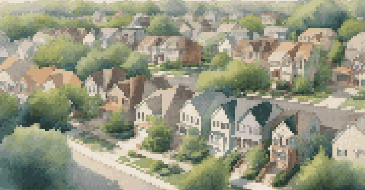 Aerial view of a vibrant suburban neighborhood with colorful homes and green parks.