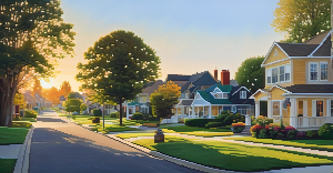 A peaceful suburban neighborhood during sunset with various homes and children playing.