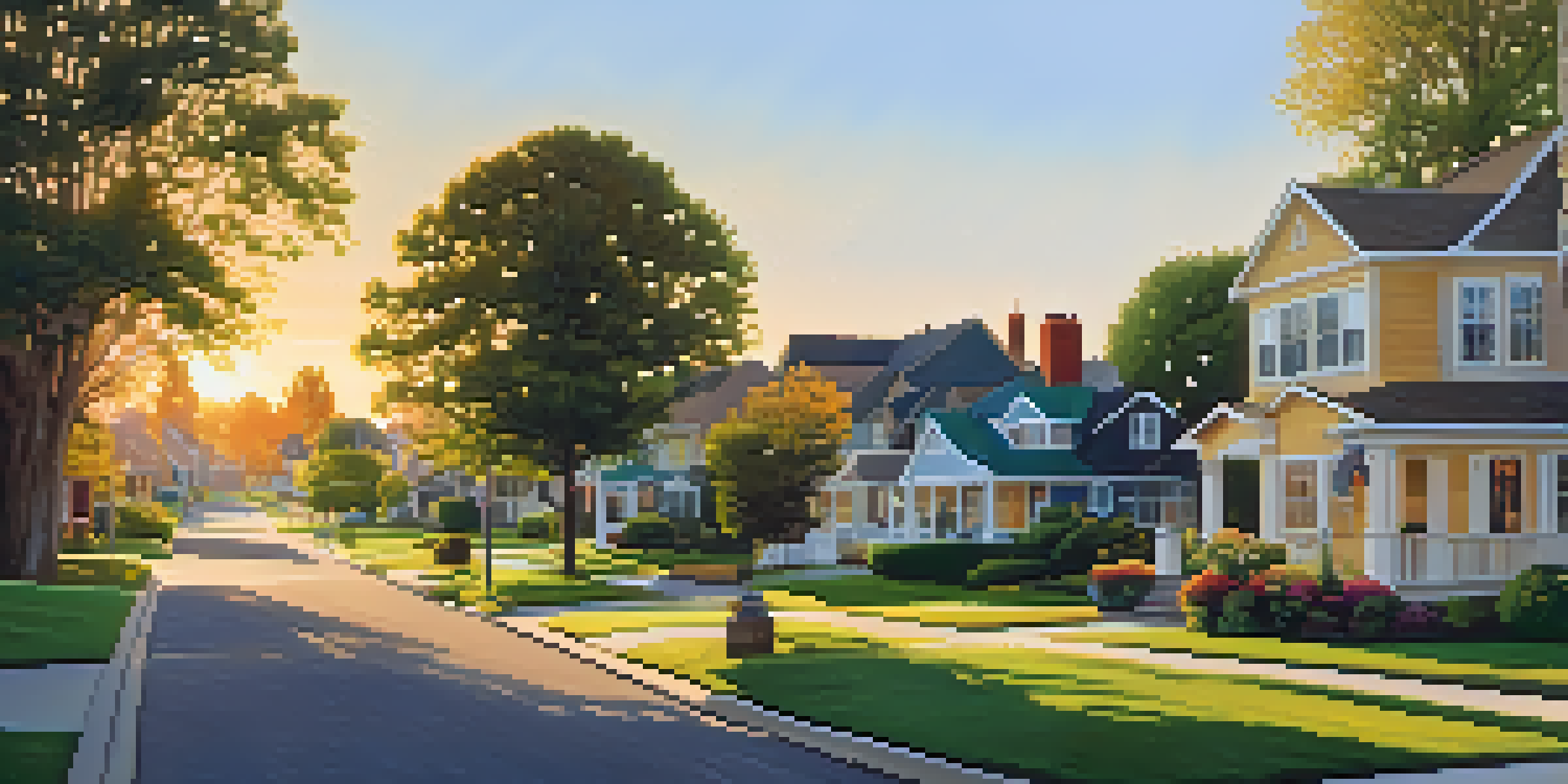 A peaceful suburban neighborhood during sunset with various homes and children playing.