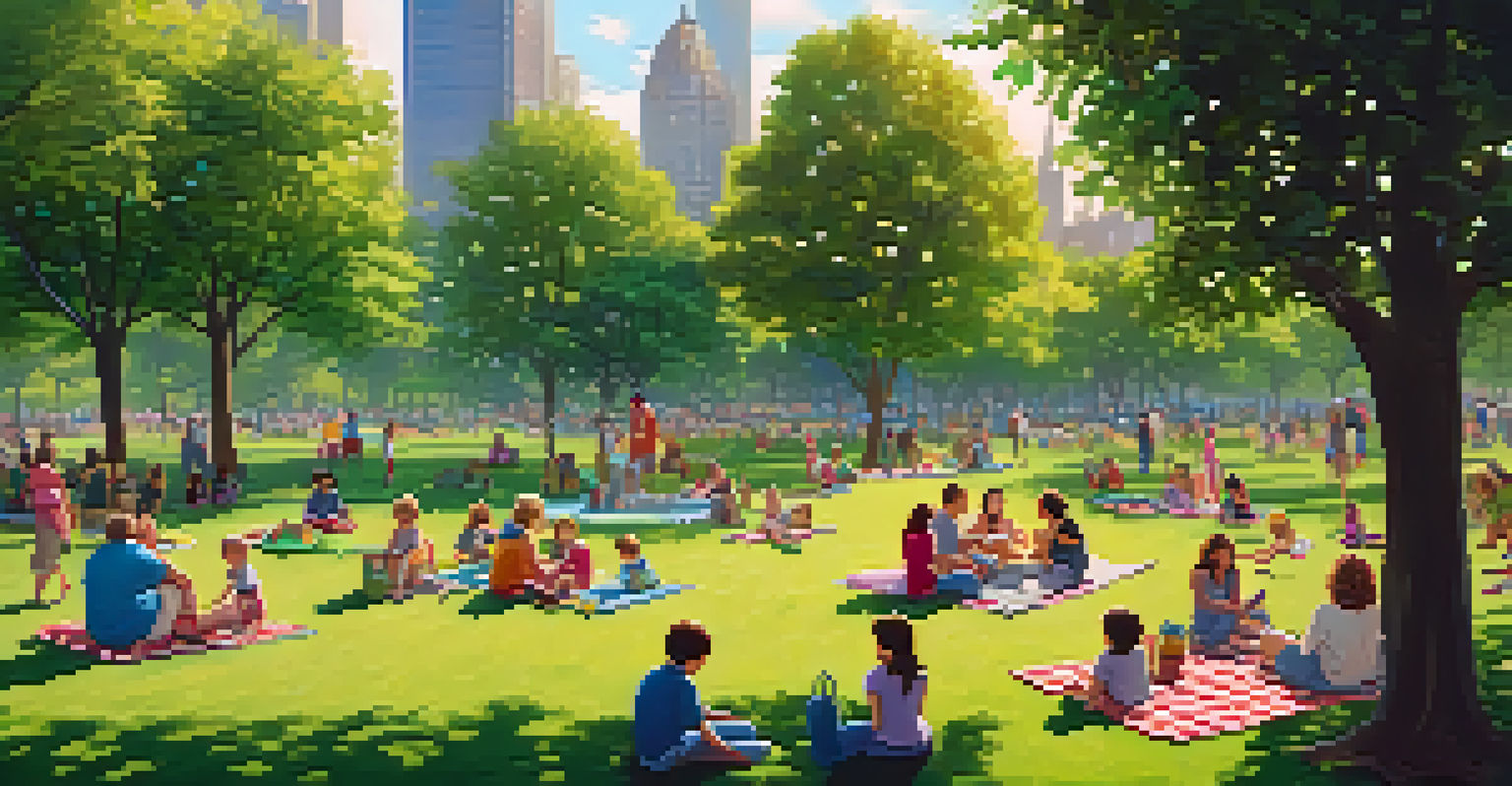 Aerial view of a city park bustling with families and children, surrounded by a city skyline.