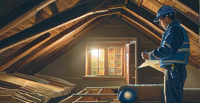 A home inspector in a safety vest examining an attic with a flashlight, showcasing exposed wooden beams and insulation.