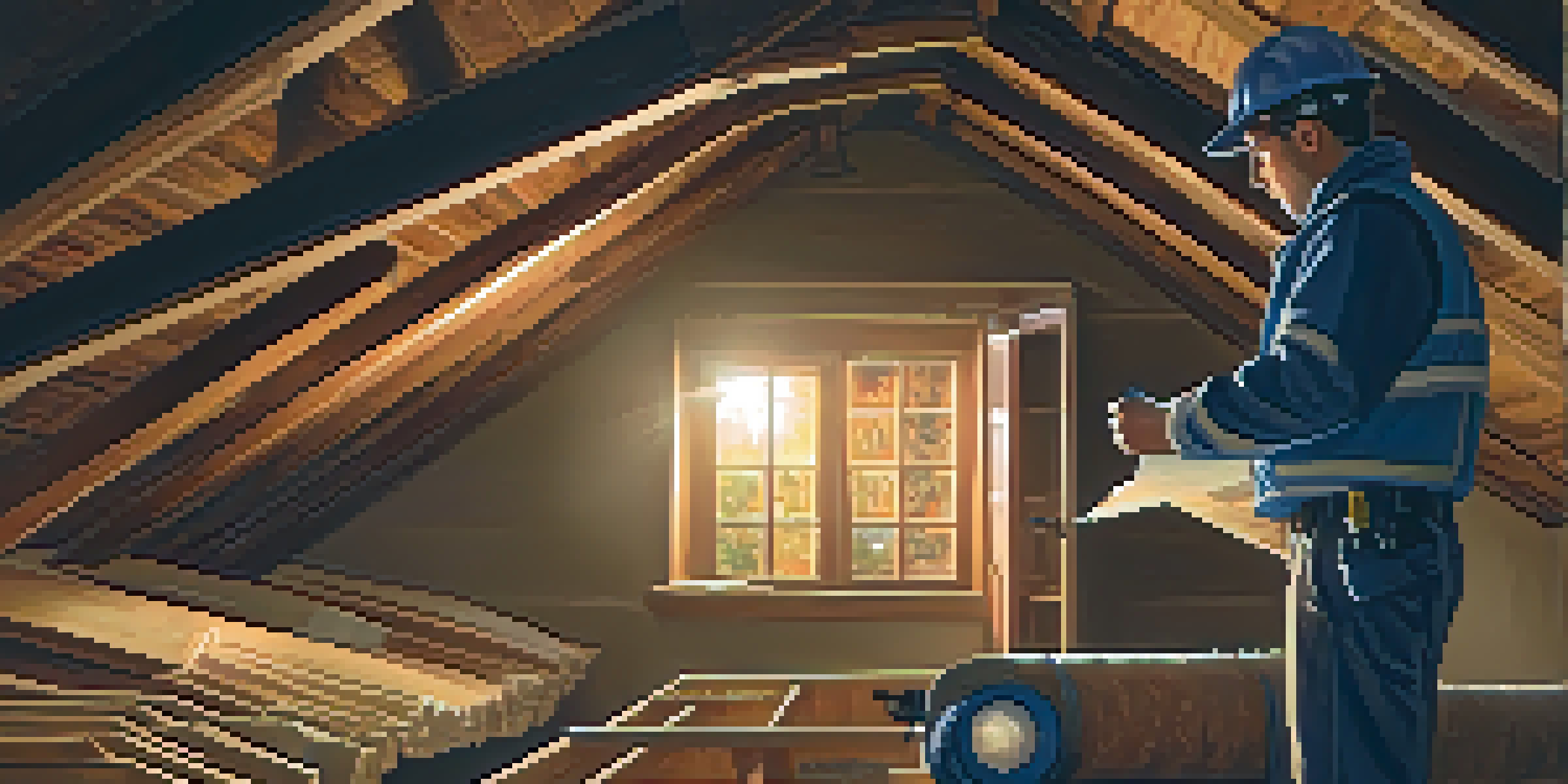 A home inspector in a safety vest examining an attic with a flashlight, showcasing exposed wooden beams and insulation.