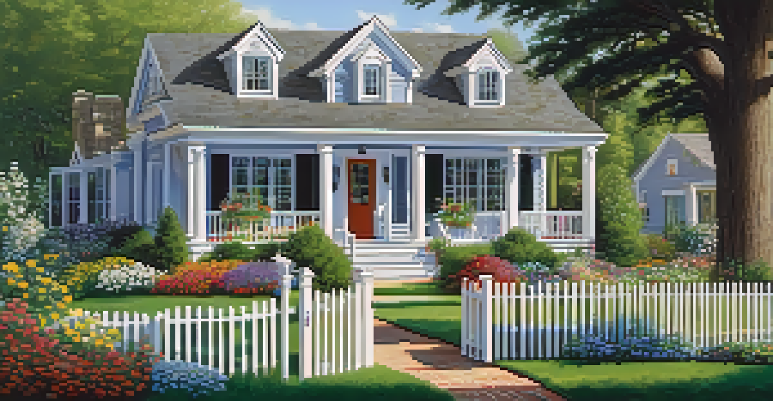 A picturesque suburban home with a white picket fence and a family gardening in the yard.