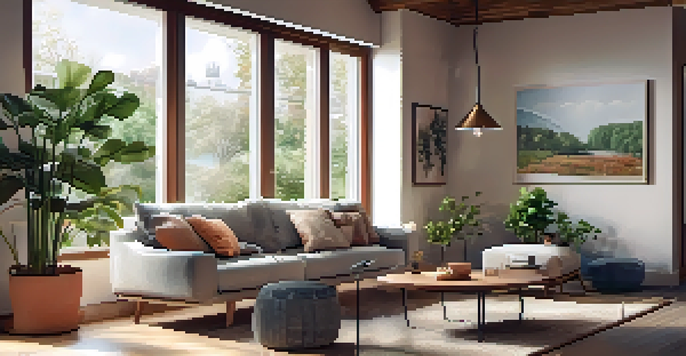 A warm and inviting living room with energy-efficient features, including double-glazed windows and indoor plants.
