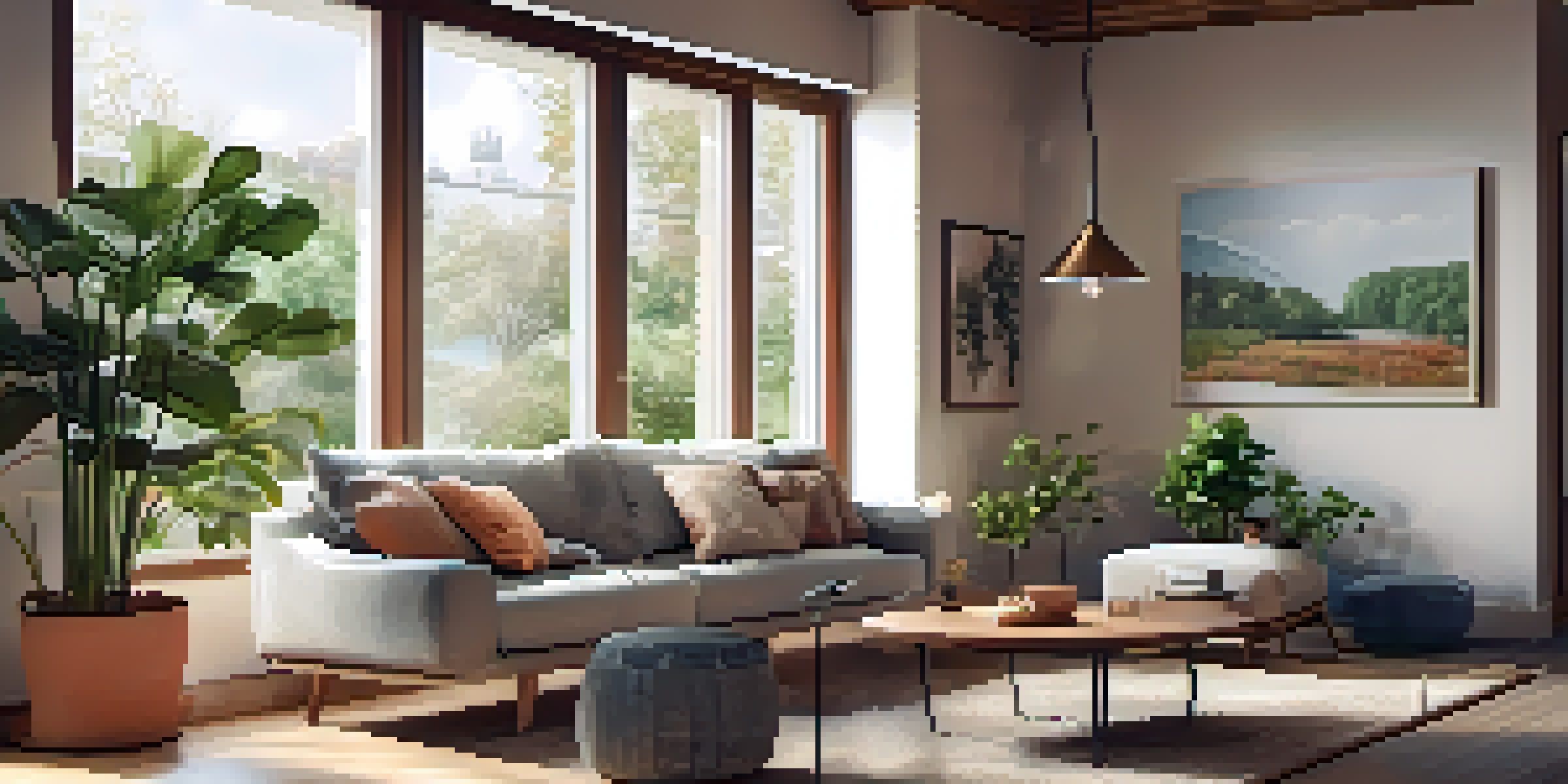 A warm and inviting living room with energy-efficient features, including double-glazed windows and indoor plants.