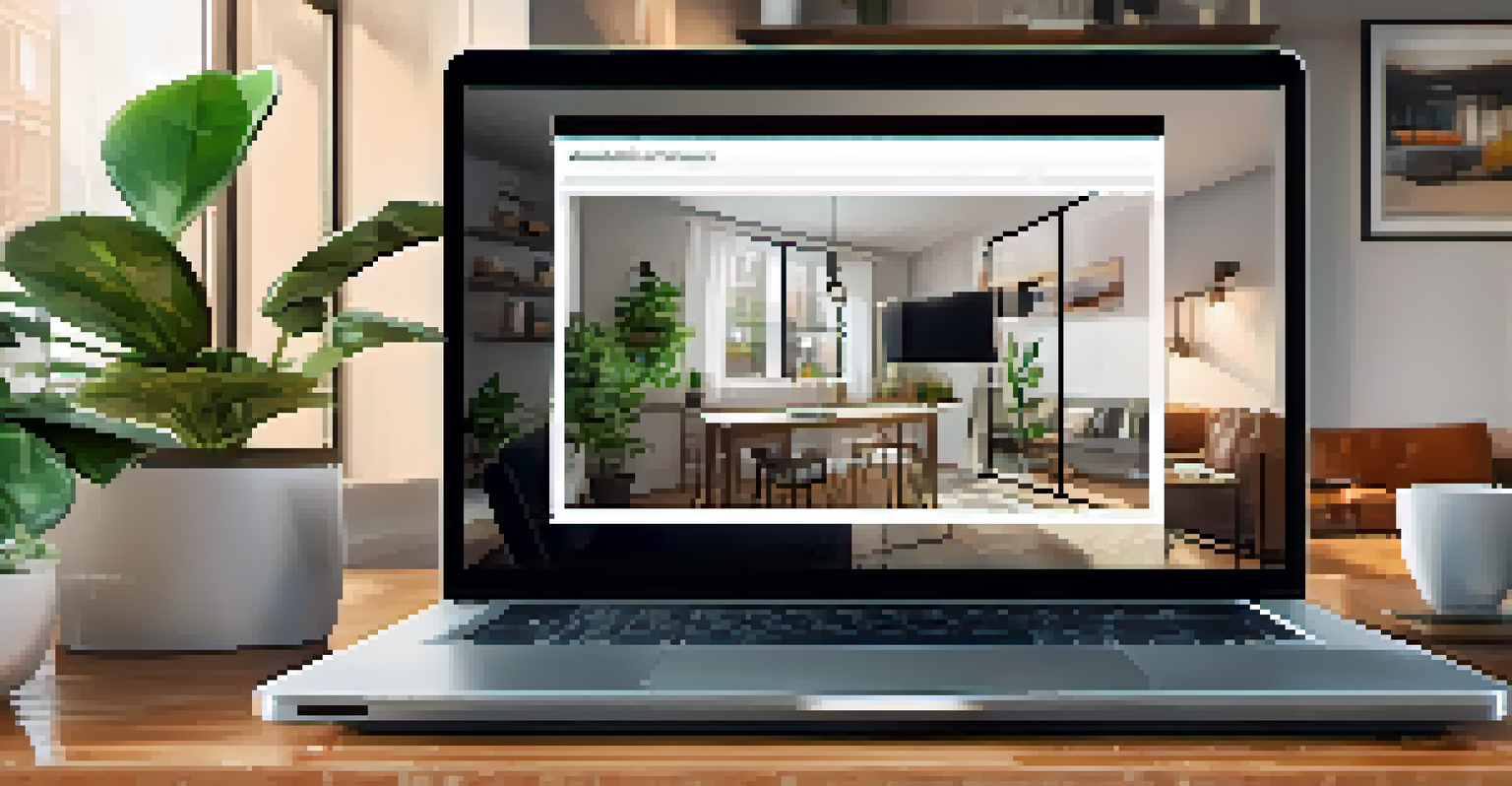 A laptop showing a virtual tour of a modern apartment, set in a stylish workspace with plants and coffee, highlighting the fusion of technology and real estate.