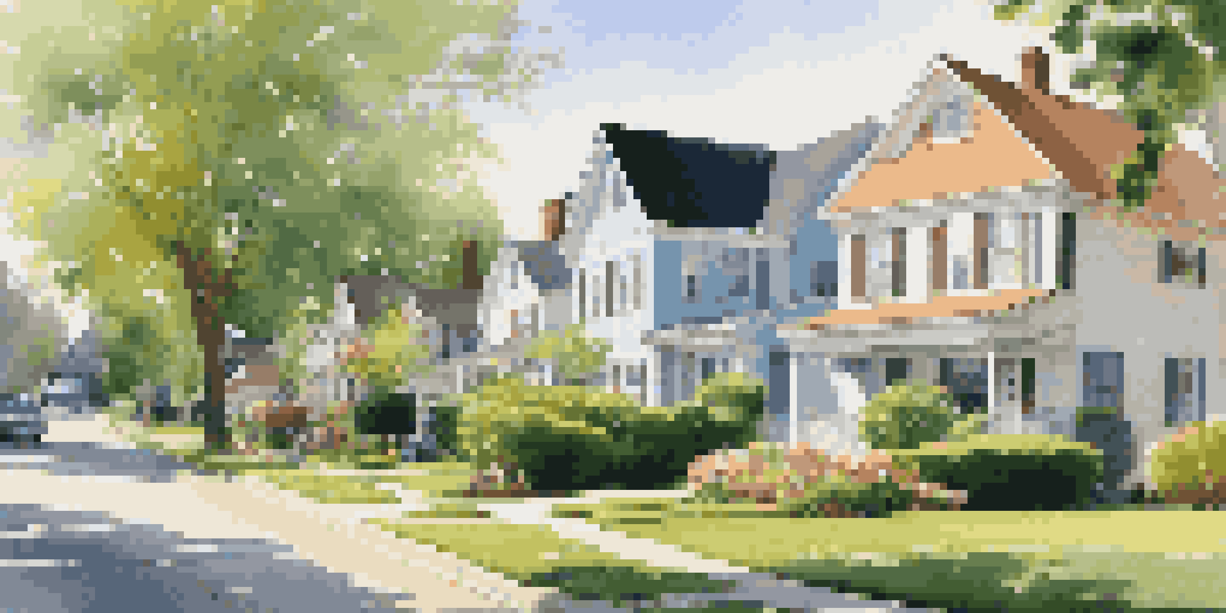 A peaceful suburban neighborhood with homes, green lawns, and children playing outside.
