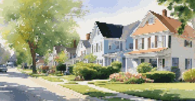 A peaceful suburban neighborhood with homes, green lawns, and children playing outside.