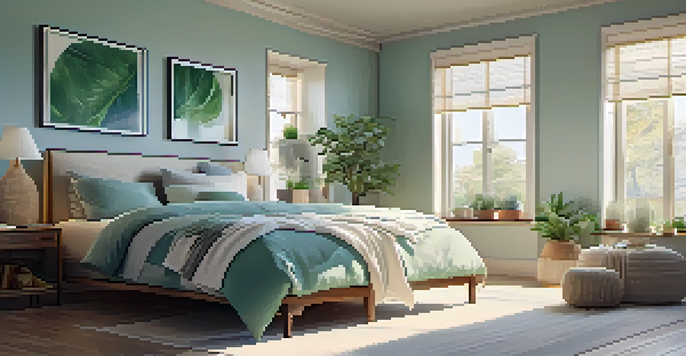A peaceful bedroom with natural light, soft colors, and potted plants, designed for relaxation.