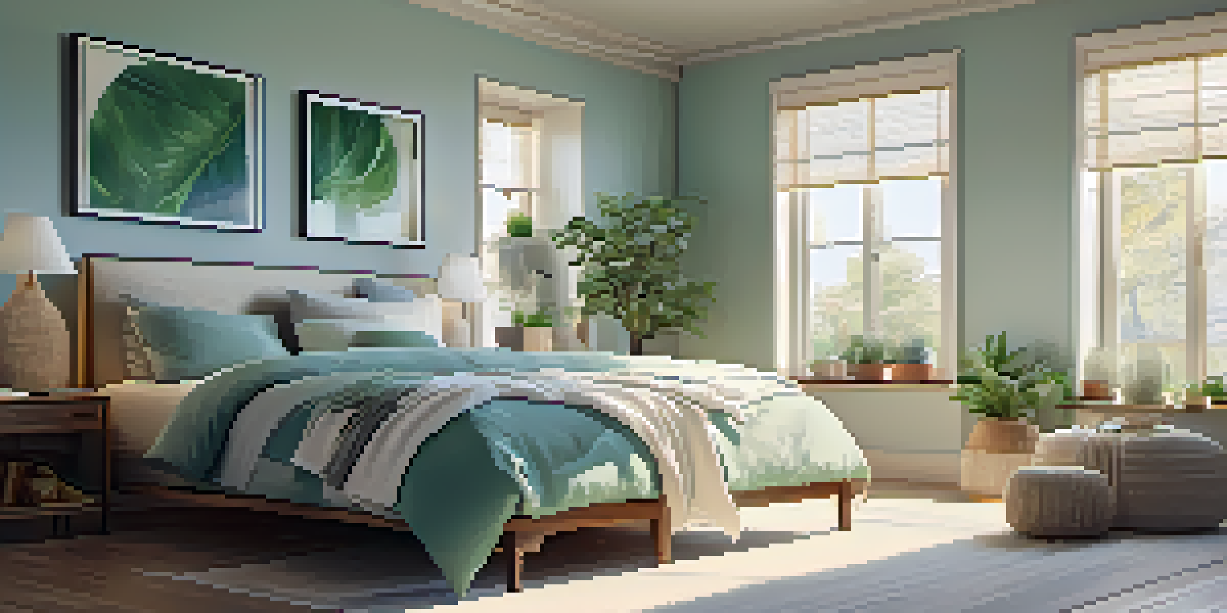 A peaceful bedroom with natural light, soft colors, and potted plants, designed for relaxation.