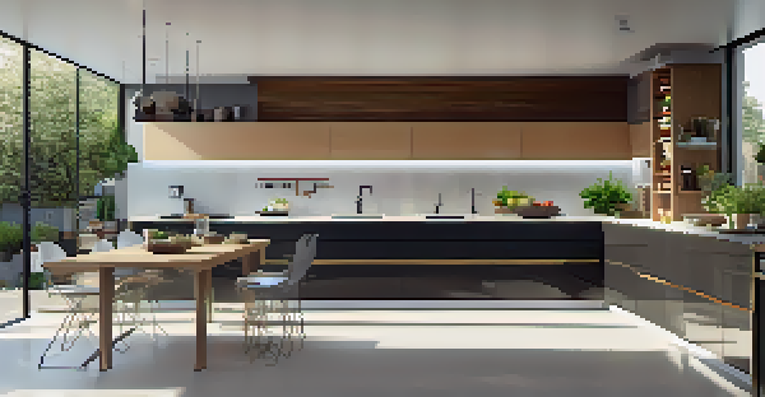 A minimalist galley kitchen with sleek cabinetry and open shelving, illuminated by soft ambient lighting.