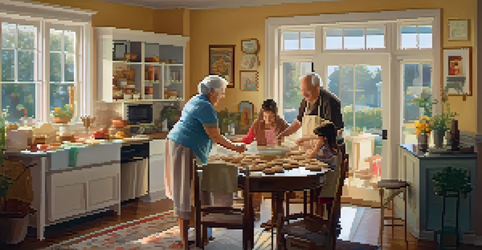 A warm living room scene with a grandmother baking with her grandchild, while a father and grandfather talk in the background, illuminated by soft sunlight.