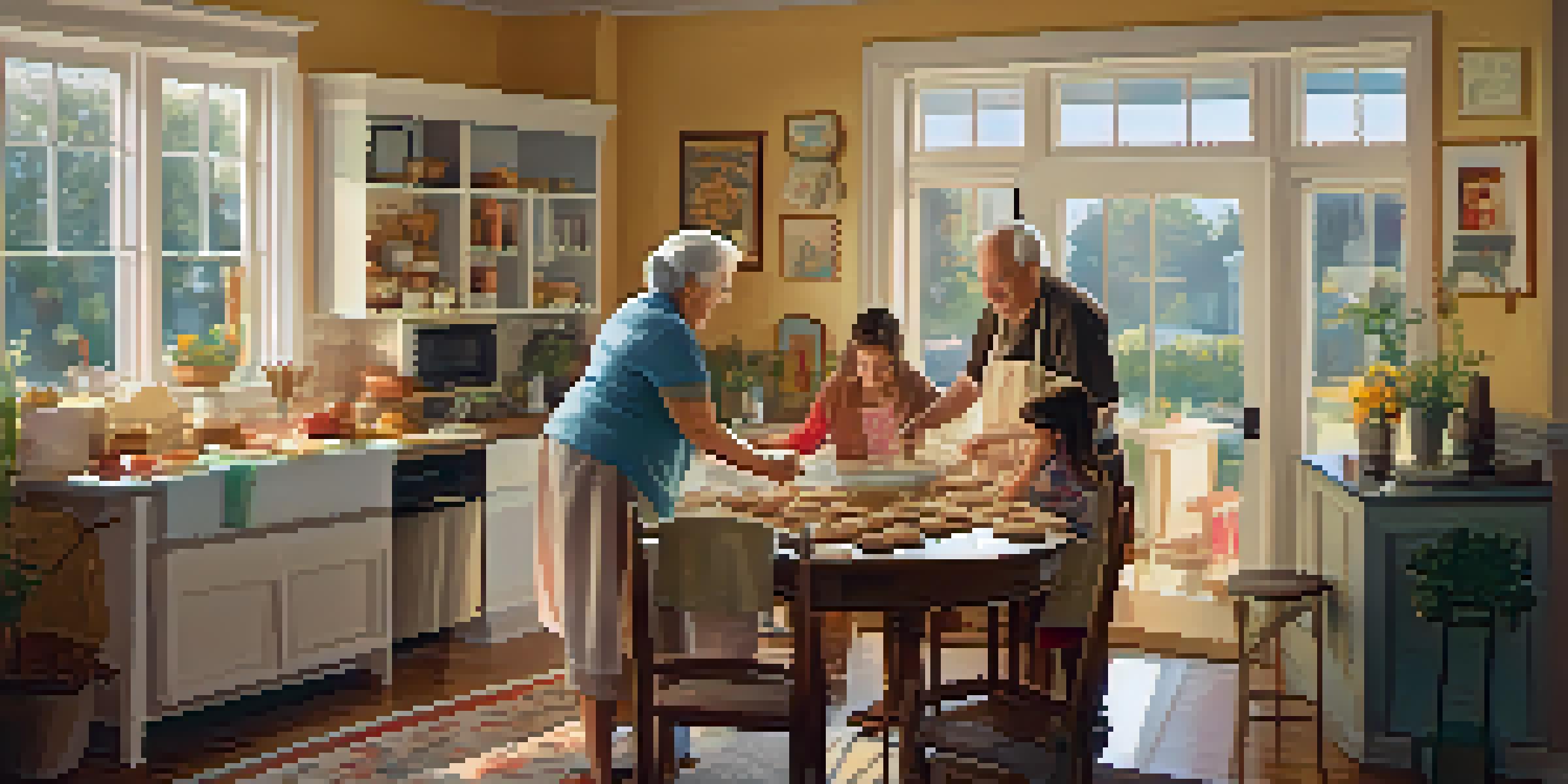 A warm living room scene with a grandmother baking with her grandchild, while a father and grandfather talk in the background, illuminated by soft sunlight.