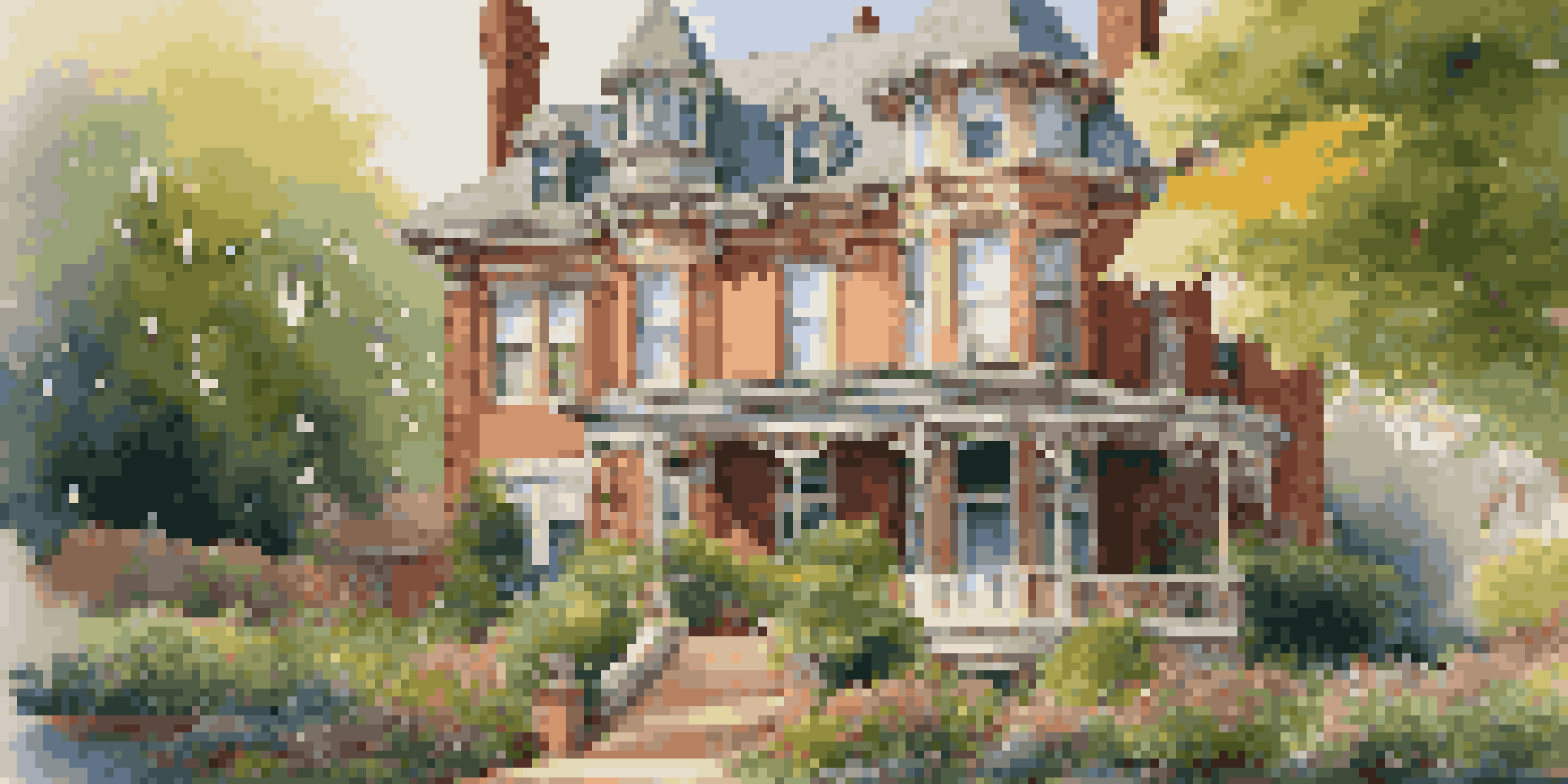 A Victorian-style historic property surrounded by greenery and blooming flowers, illuminated by golden hour light.