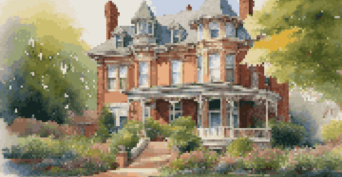 A Victorian-style historic property surrounded by greenery and blooming flowers, illuminated by golden hour light.