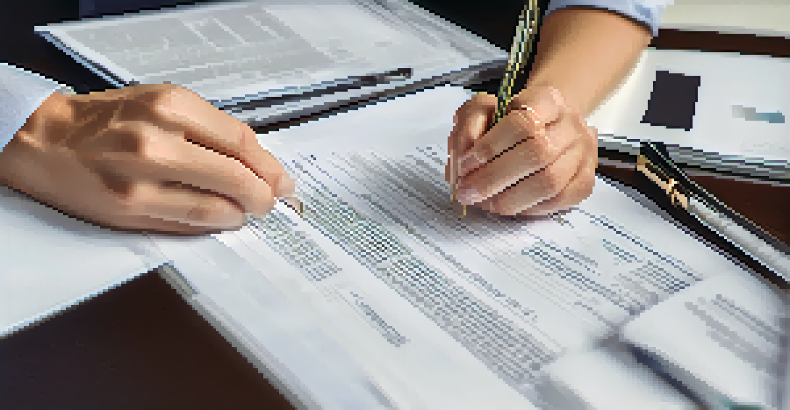 A close-up of hands reviewing real estate paperwork on a desk with a laptop and coffee mug in the background.