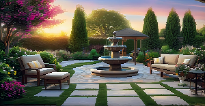 A cozy backyard with a stone patio, outdoor furniture, blooming flowers, and a water fountain, illuminated by warm lights at sunset.