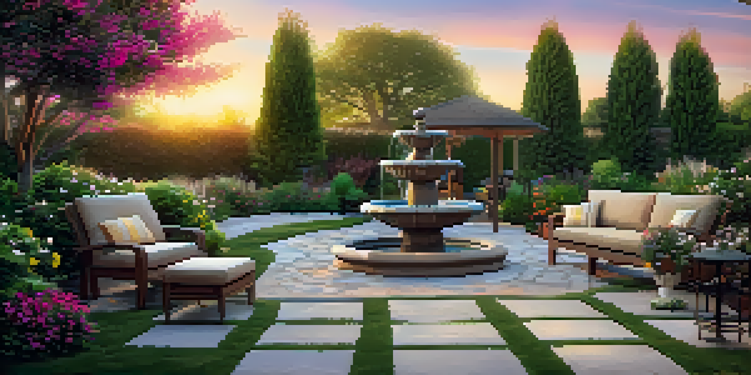 A cozy backyard with a stone patio, outdoor furniture, blooming flowers, and a water fountain, illuminated by warm lights at sunset.