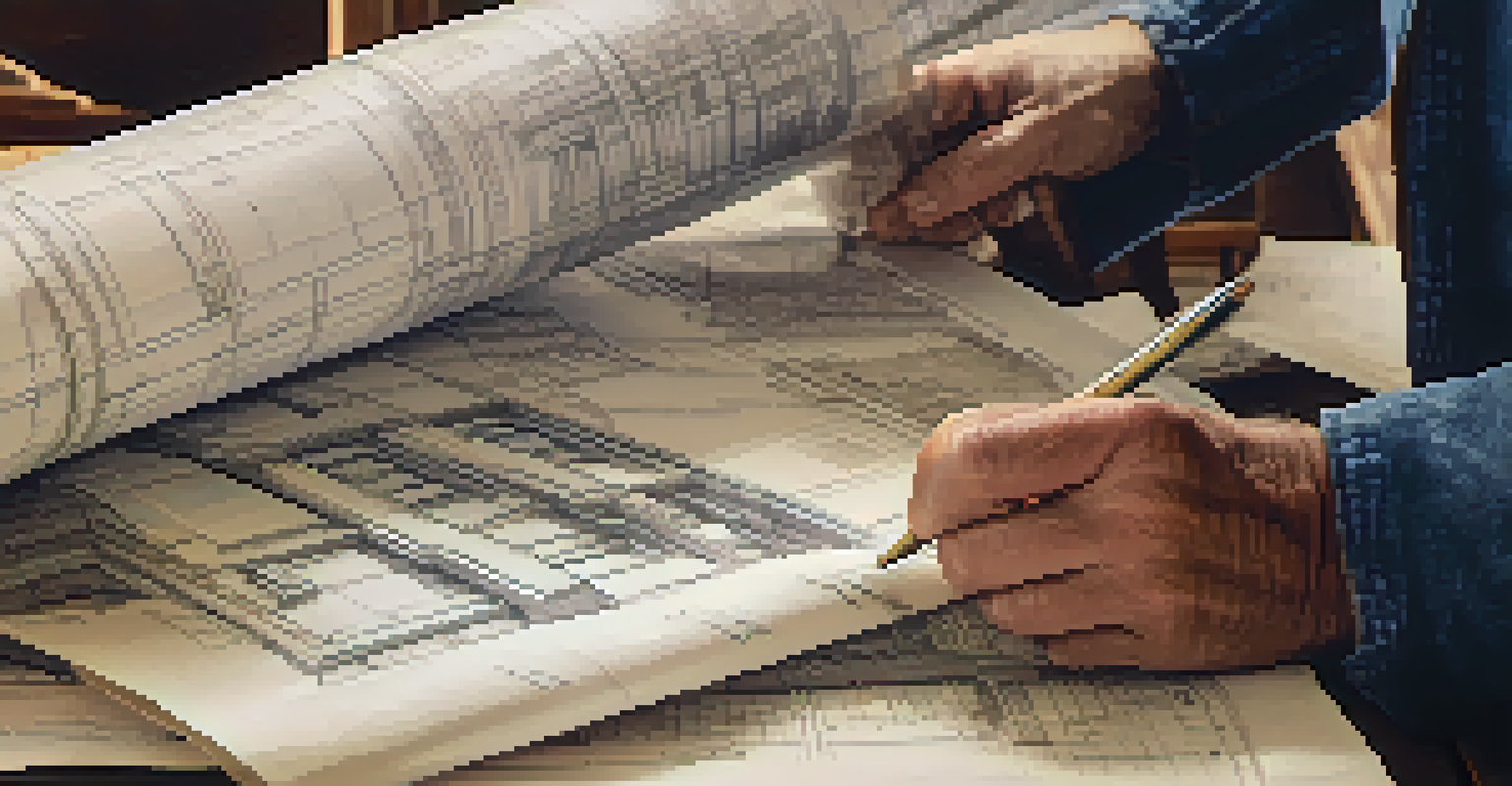 Hands holding blueprints for a historic preservation project, with a vintage building in the background.