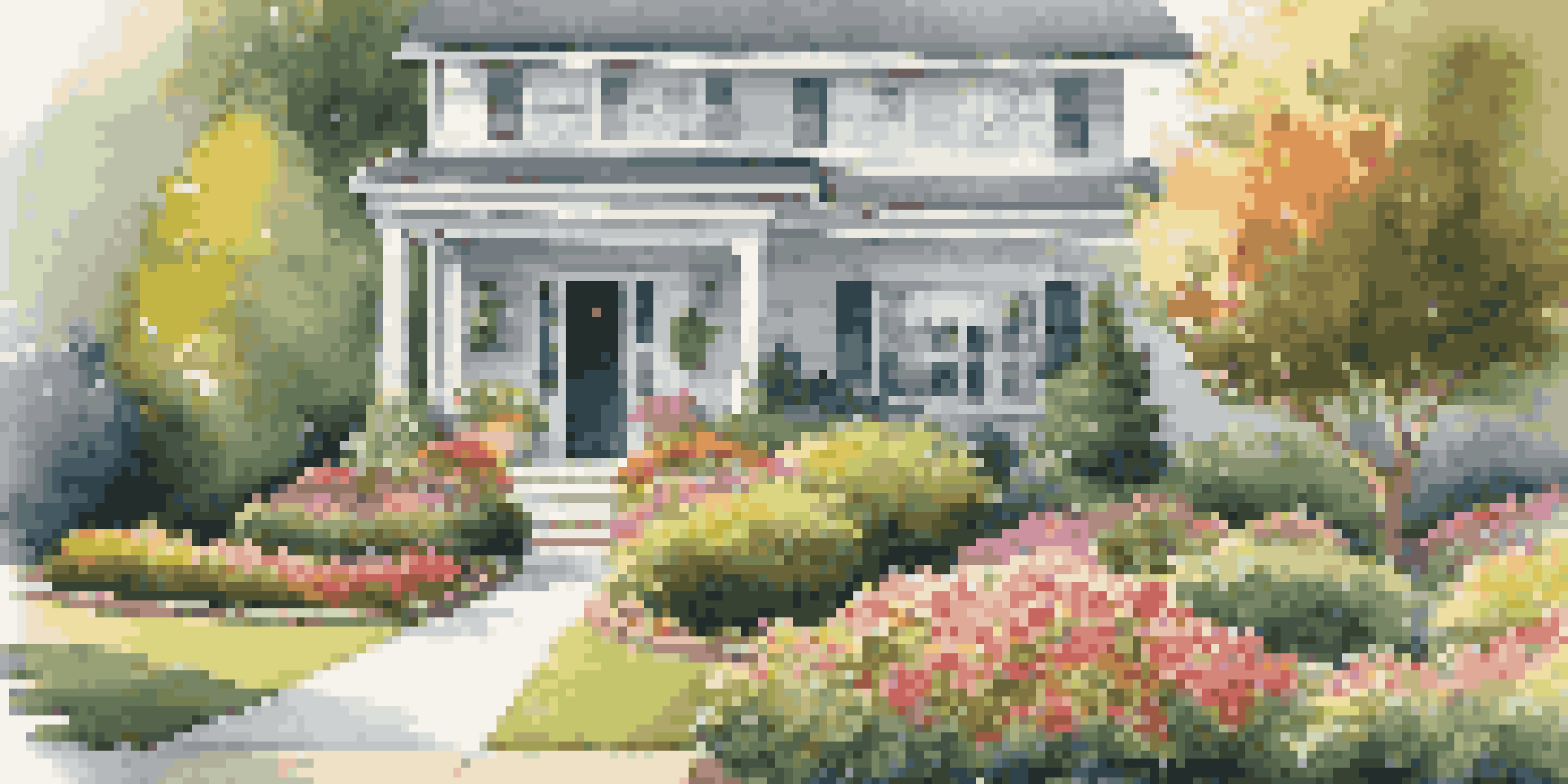 A well-maintained front yard with colorful flowers and trimmed hedges leading to a home, under bright sunlight.