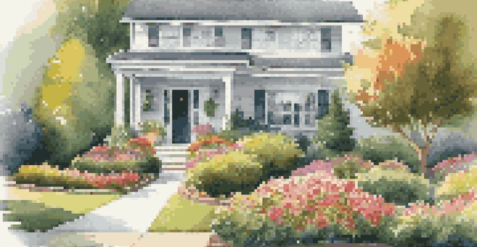 A well-maintained front yard with colorful flowers and trimmed hedges leading to a home, under bright sunlight.