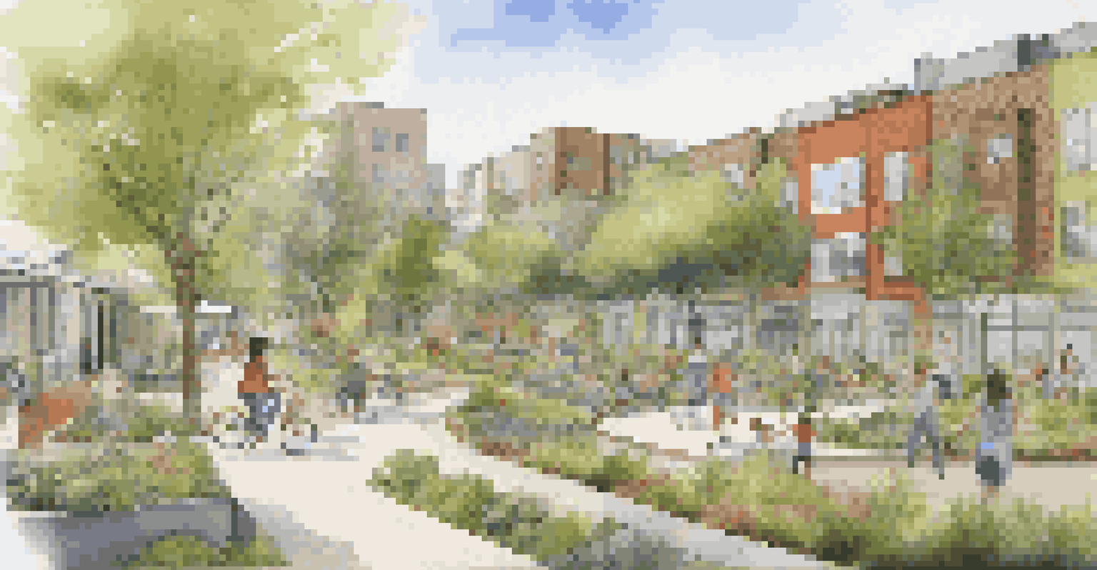 A vibrant community neighborhood with shared green spaces, families interacting in a garden, and children playing, showcasing sustainable architecture.