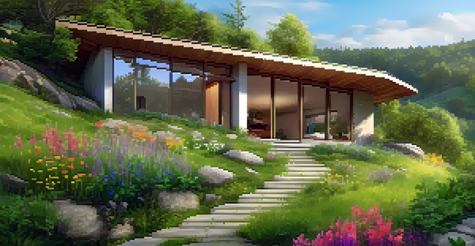 A cozy earth sheltered home with a green roof, surrounded by flowers and trees, with large windows letting in sunlight.