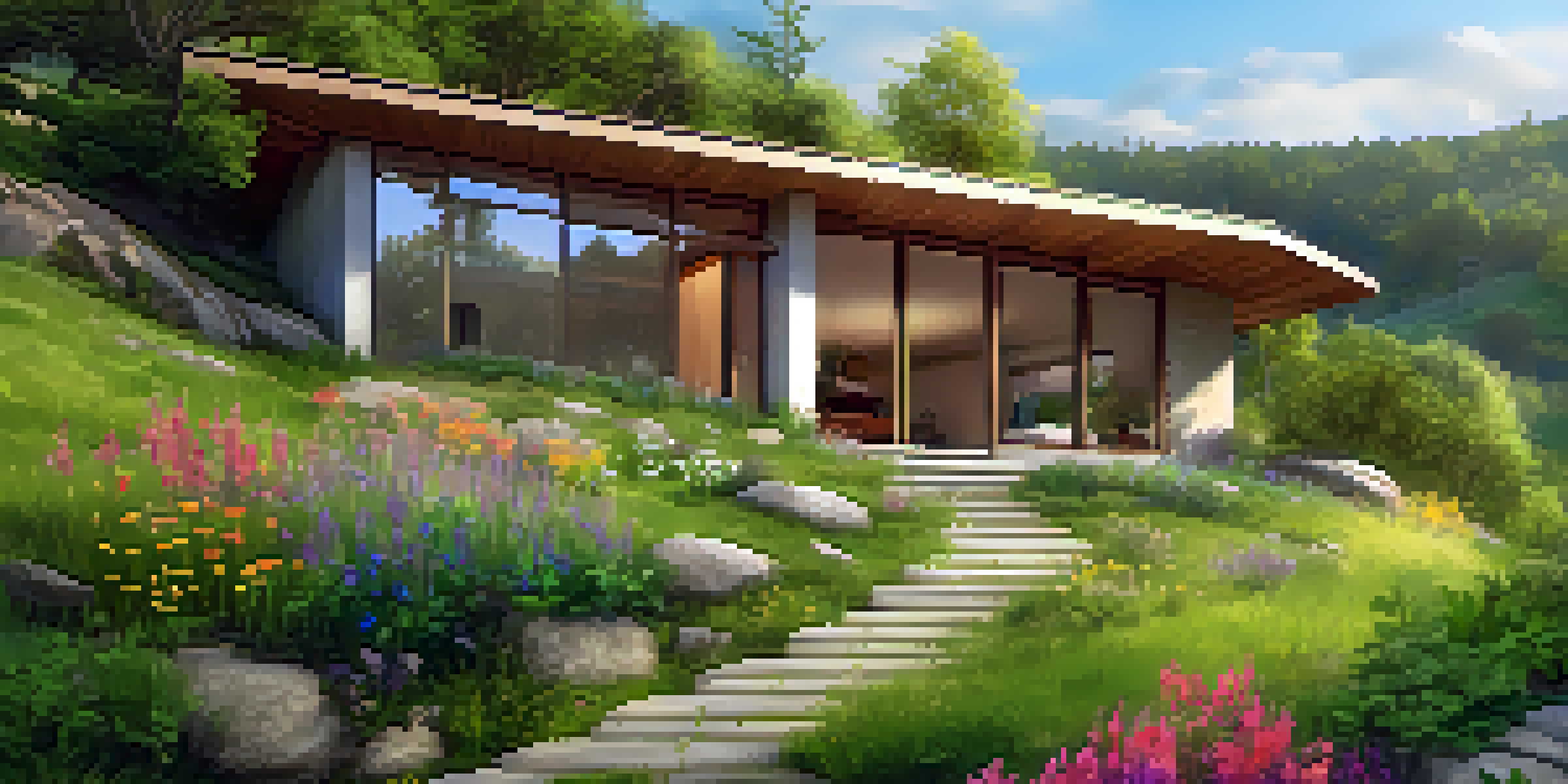 A cozy earth sheltered home with a green roof, surrounded by flowers and trees, with large windows letting in sunlight.