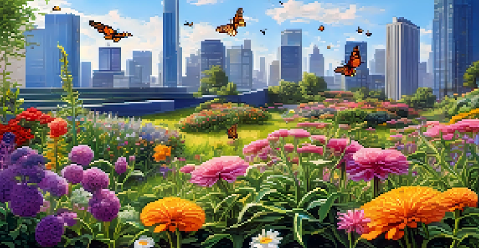 A lush green roof garden with various flowering plants and a view of a city skyline. Bees and butterflies are present, and the sky is clear and sunny.