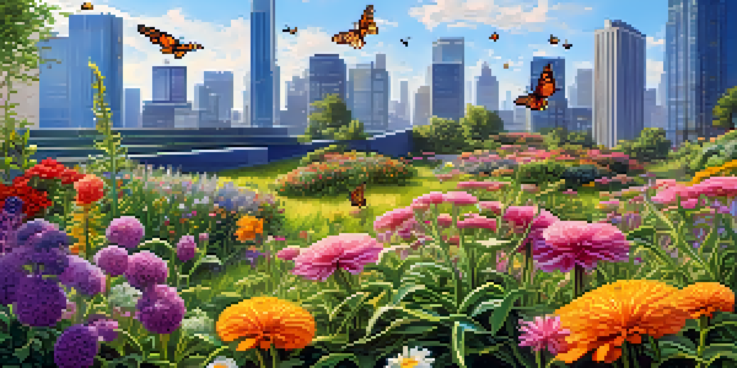 A lush green roof garden with various flowering plants and a view of a city skyline. Bees and butterflies are present, and the sky is clear and sunny.