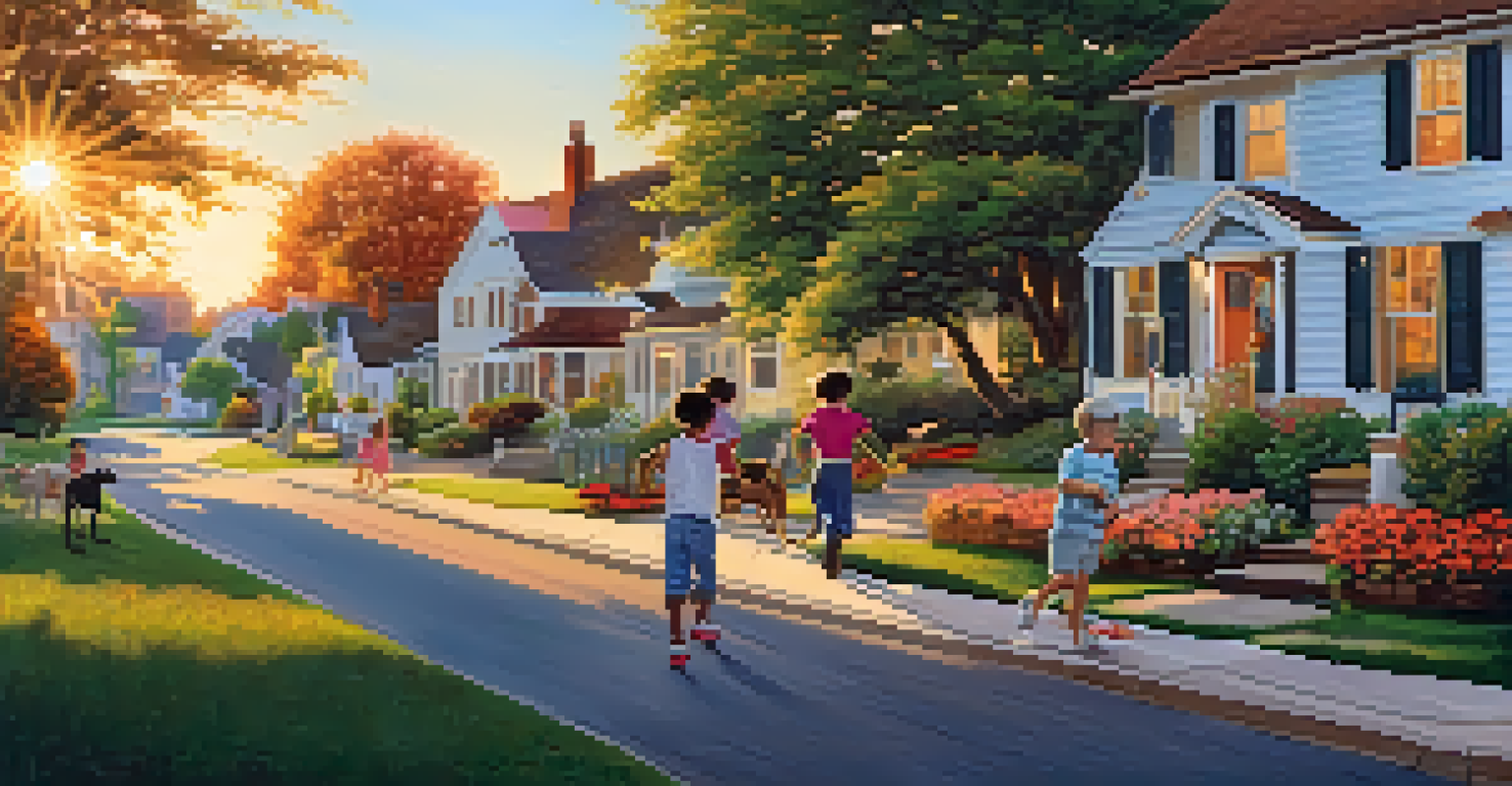 A friendly neighborhood with children playing and charming houses under a sunset sky.