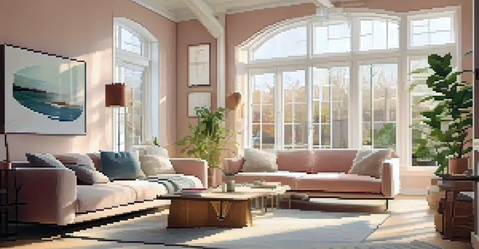 A spacious living room filled with sunlight, showcasing large energy-efficient windows and modern decor.