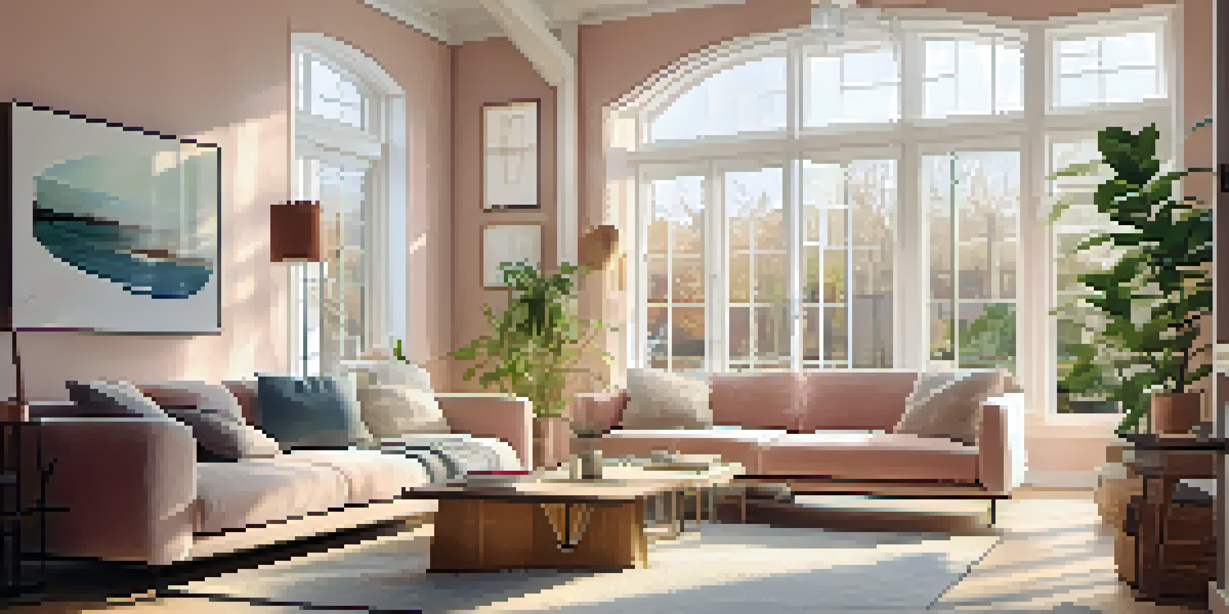 A spacious living room filled with sunlight, showcasing large energy-efficient windows and modern decor.