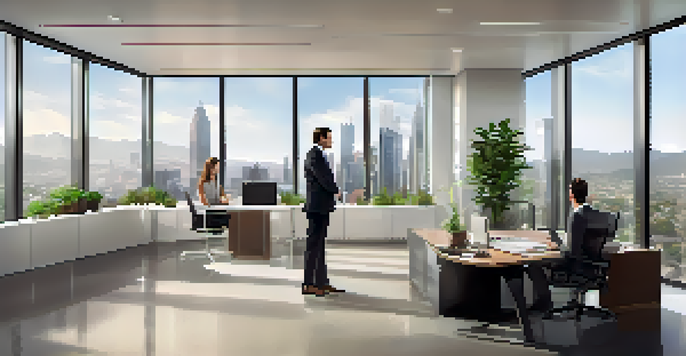 A real estate agent in a modern office talks to a couple about property options with a city view in the background.