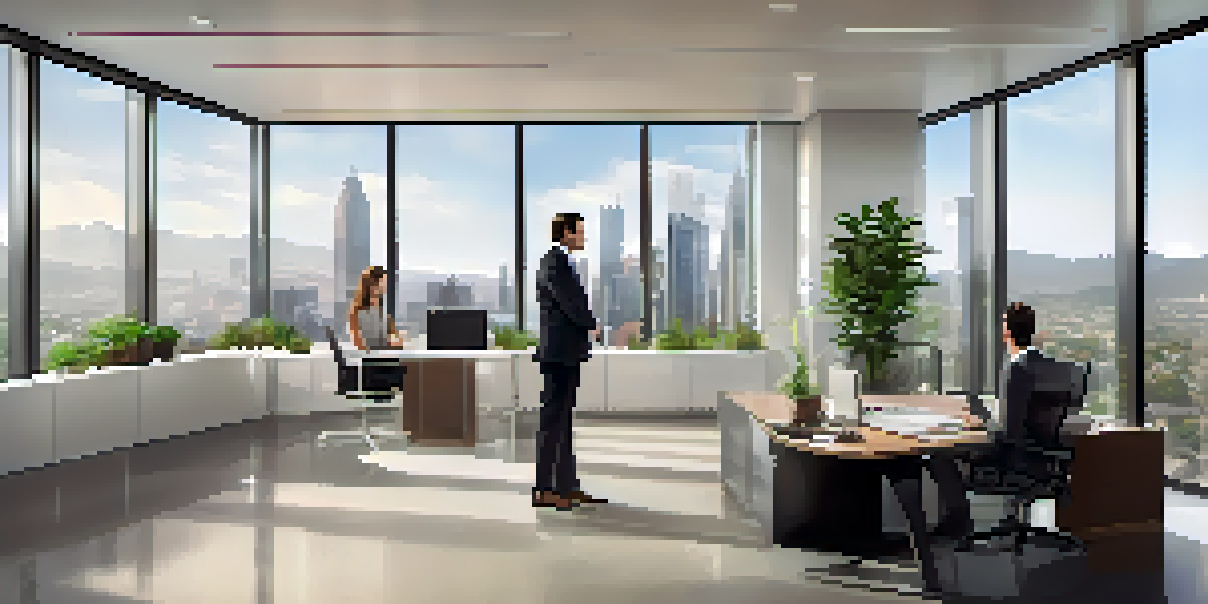 A real estate agent in a modern office talks to a couple about property options with a city view in the background.