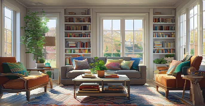 A bright and cozy living room with modern furniture, warm lighting, and decorative elements.