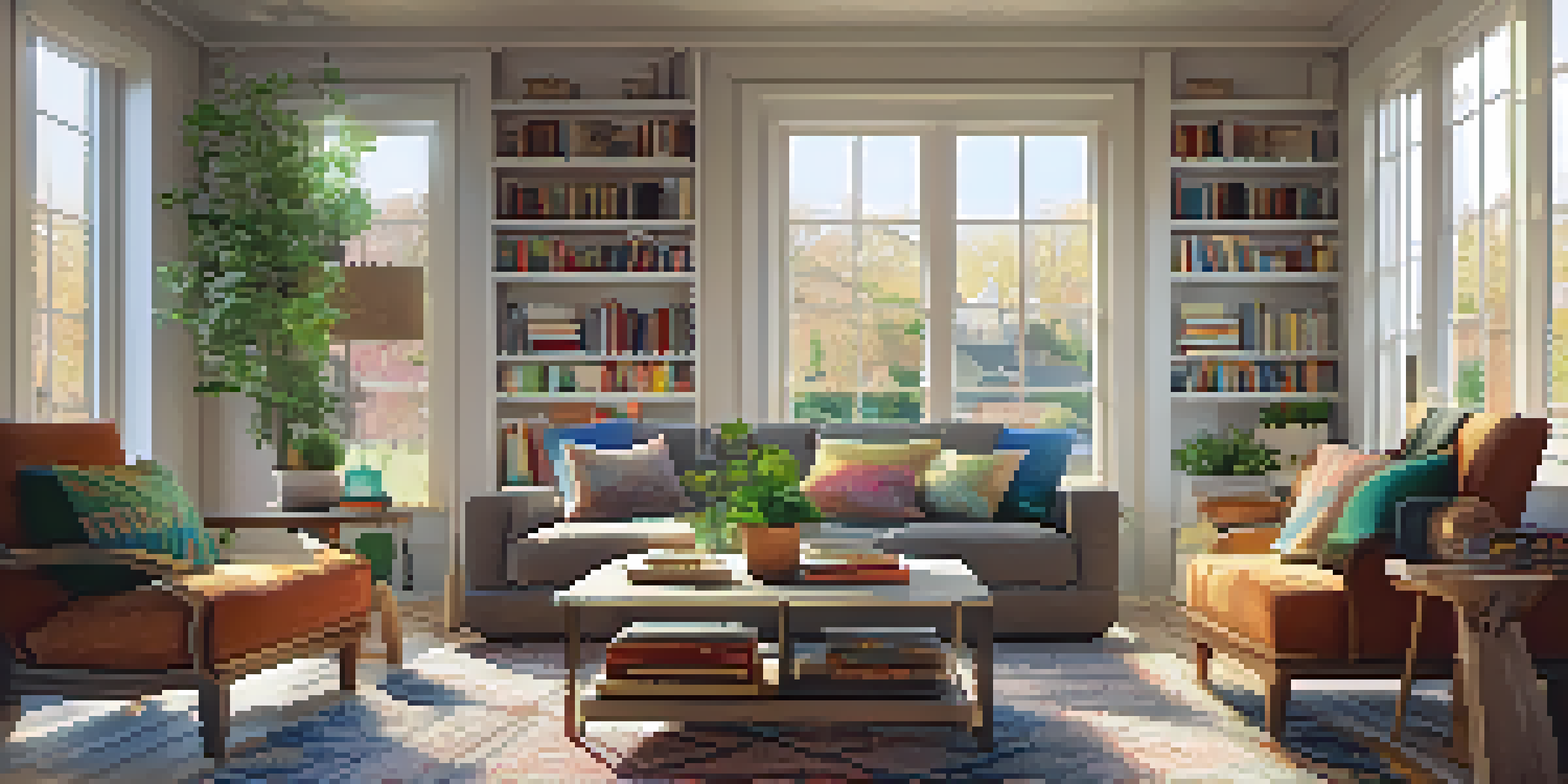 A bright and cozy living room with modern furniture, warm lighting, and decorative elements.