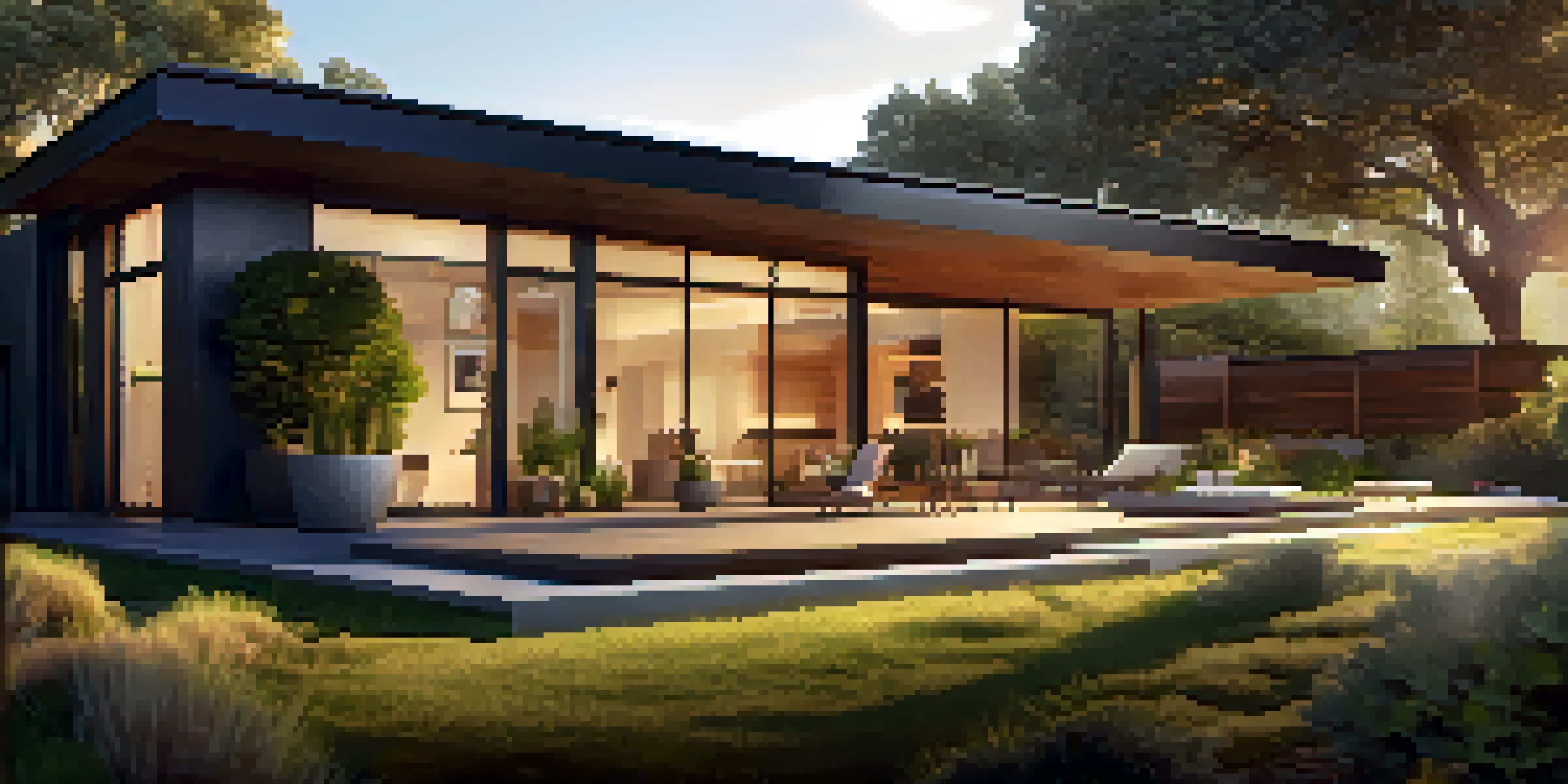 A modern house with solar panels and a smart energy storage system in a sunny garden.