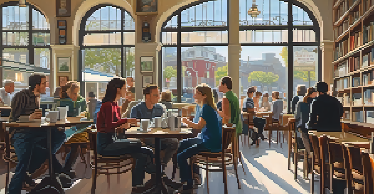 A lively café interior with patrons, bookshelves, and warm lighting.