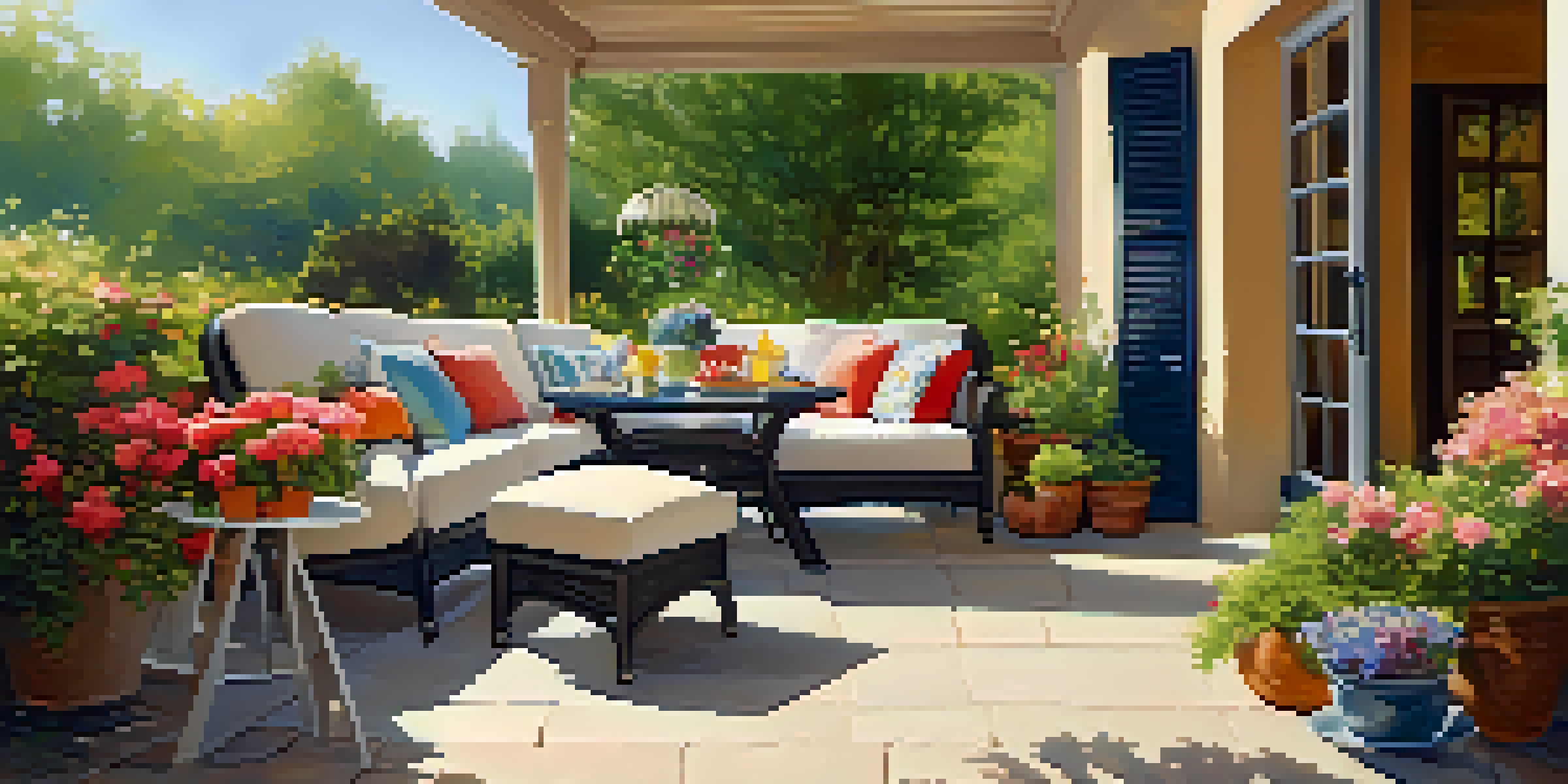 An inviting outdoor patio with comfortable seating and a small dining table, decorated with colorful pillows and surrounded by blooming flowers in bright summer sunlight.