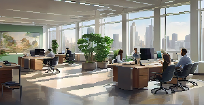 A modern office space with a property management team discussing real estate, featuring a large conference table and city views.