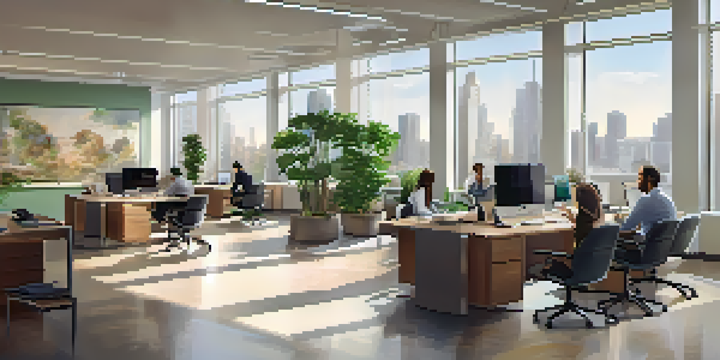 A modern office space with a property management team discussing real estate, featuring a large conference table and city views.