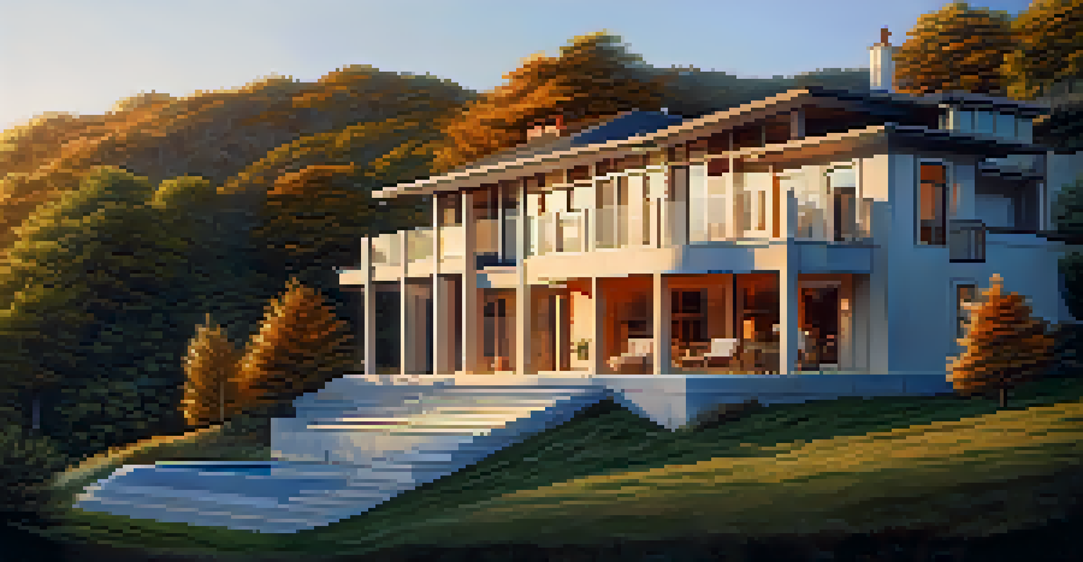 A newly constructed house on a hill with trees and a sunset, highlighting its architectural details.