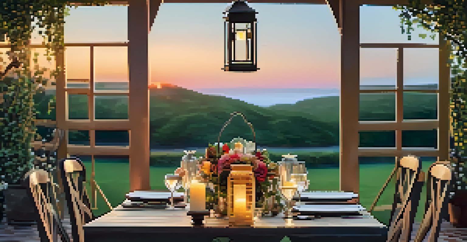 An outdoor dining setup with a stylish table, lanterns, and a sunset backdrop of greenery and a trellis.