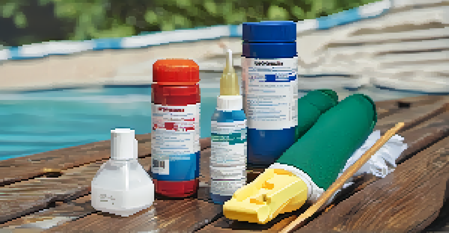 A close-up of a pool maintenance kit featuring a pH test kit and chlorine bottles on a wooden deck beside a swimming pool.