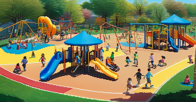 A lively playground with children of various abilities enjoying adaptive swings and play equipment, surrounded by colorful structures and wide pathways.
