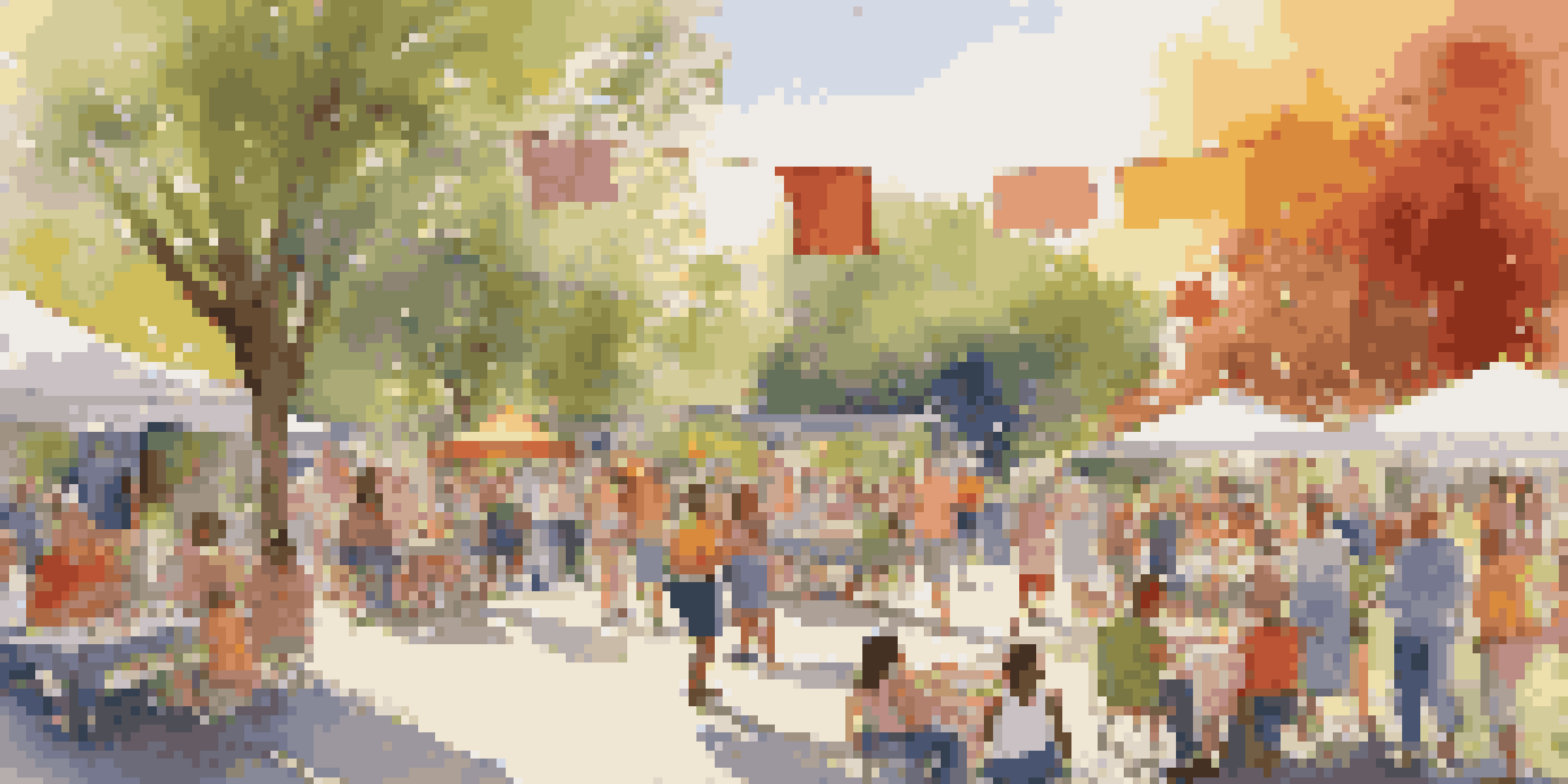 A lively block party with families, food, and children playing in a park under bright sunlight.
